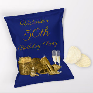Prospectus 21,6 Cm X 24,94 Cm Womans Blue Gold Anniversaire de fête Chip Bag Wra