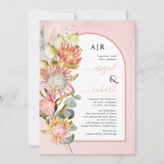 Protea bloemen pampas gras en eucalyptus bruiloft kaart (Voorkant)