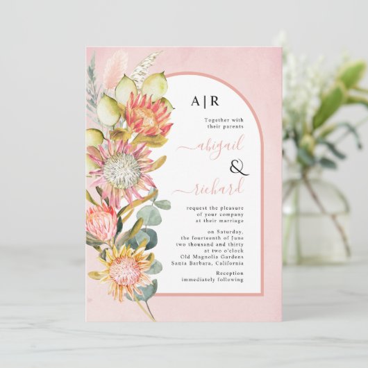 Protea bloemen pampas gras en eucalyptus bruiloft kaart (Staand voorkant)