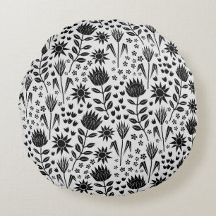 Protea Bloemenblok Print Millefleur zwart wit Rond Kussen