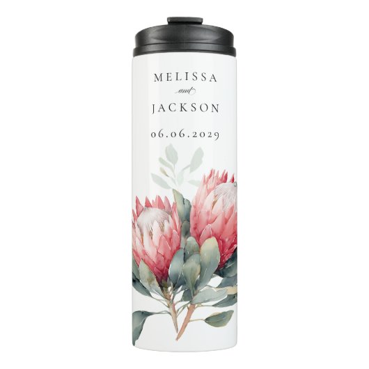 Protea Blush Waterverf Bloemen bruiloft Thermosbeker (Voorkant)