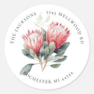 Protea Blush Waterverf Flowers Retouradres Ronde Sticker