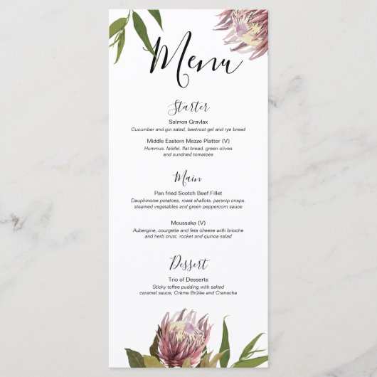Protea Boho Green Eucalyptus Menu Mariage (Devant)