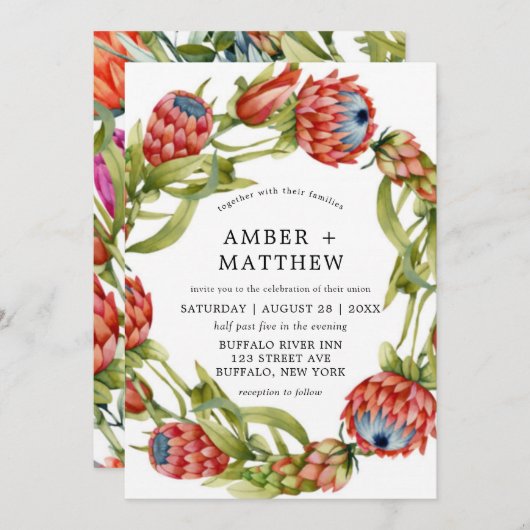 Protea Colorful Waterverf Flower Wedding Invites (Voorkant / Achterkant)