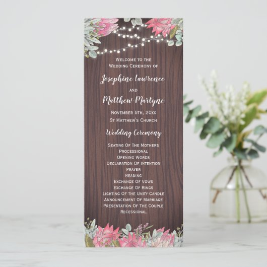 Protea Eucalyptus gebladerte lichten hout bruiloft Programma (Staand voorkant)