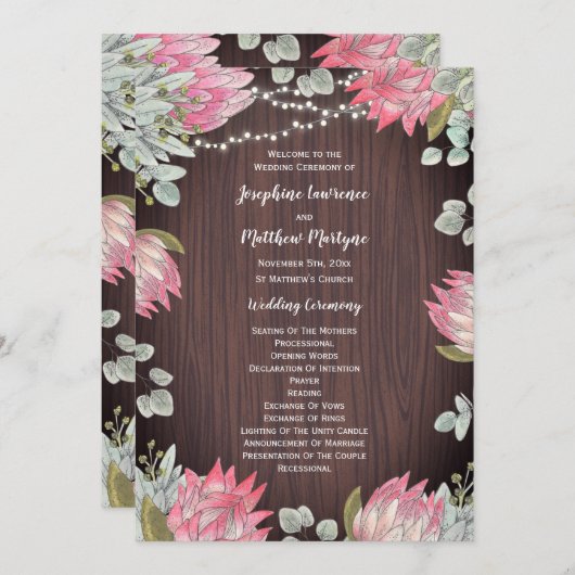 Protea Eucalyptus Lights Hout Rustieke Bruiloft Programma (Voorkant / Achterkant)