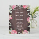 Protea Eucalyptus Lights Hout Rustieke Bruiloft Programma (Staand voorkant)