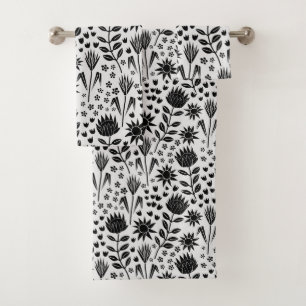 Protea Floral Block Imprimer Millefleur noir blanc