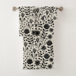 Protea Floral Block Print Millefleur noir lin