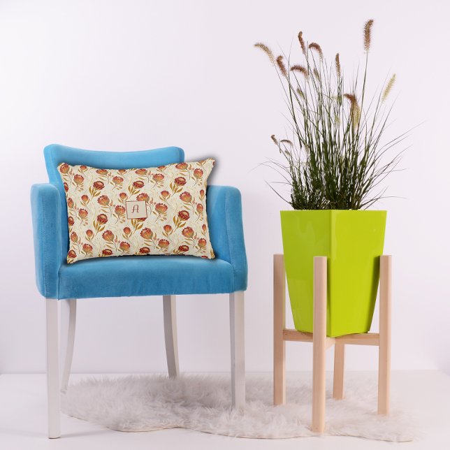 Protea Flower Floral beige red Pattern monogram Accent Kussen (Creator heeft geüpload)