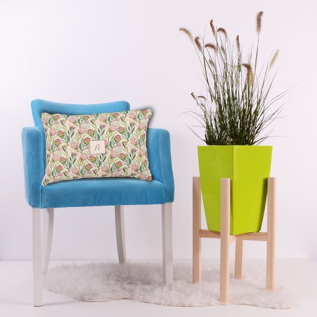 Protea Flower  Floral pink green Pattern monogram Accent Kussen (Creator heeft geüpload)