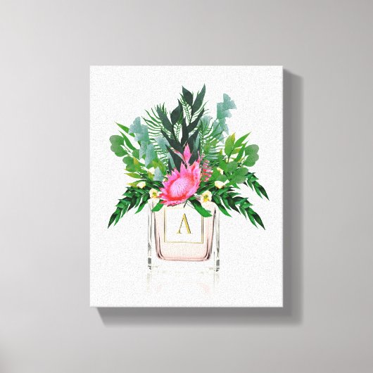 Protea Flowers Elegant Monogram Perfume Bottle Canvas Afdruk (Voorkant)