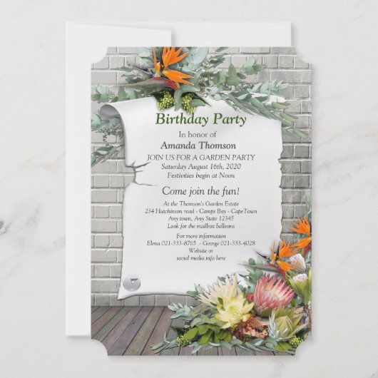 Protea - Strelitzia Flower Birthday Party Kaart (Voorkant)