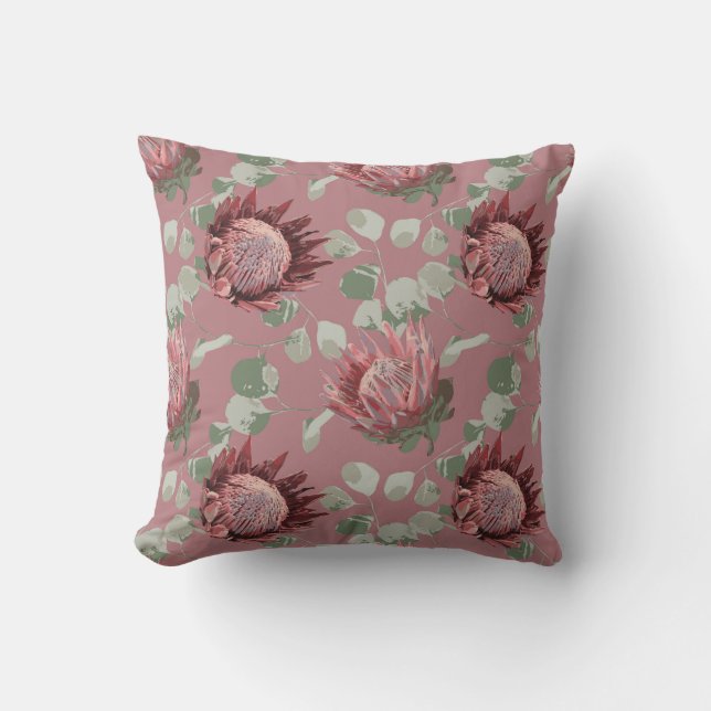Protea vert et rose sur coussin d'accent rose (Recto)