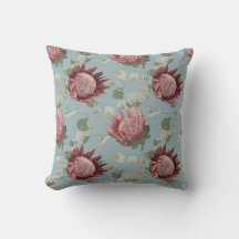 Protea vert et rose sur le Coussin bleu français