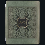 Protection iPad Antique couverture de livre en cuir orné monogramm<br><div class="desc">Art richement orné de couverture florale de l'édition 1898 des Roses et Lilies de Longfellow dans les tons patiné vert olive profond et noir. Note : Les effets sculptés,  gravés,  gaufrés et dimensionnels,  l'apparence stratifiée,  texturée et ombragée numériquement. Le produit réel a une surface plane.</div>