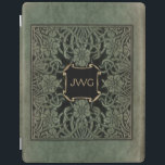 Protection iPad Antique couverture de livre en cuir orné monogramm<br><div class="desc">Art richement orné de couverture florale de l'édition 1898 des Roses et Lilies de Longfellow dans les tons patiné vert olive profond et noir. Note : Les effets sculptés,  gravés,  gaufrés et dimensionnels,  l'apparence stratifiée,  texturée et ombragée numériquement. Le produit réel a une surface plane.</div>