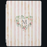 Protection iPad aquarelle rayures fleurie couronne monogramme<br><div class="desc">rayures d'aquarelle dans les tons pastel avec couronne de fleurs de printemps et monogramme serif facile à customiser</div>