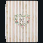 Protection iPad aquarelle rayures fleurie couronne monogramme<br><div class="desc">rayures d'aquarelle dans les tons pastel avec couronne de fleurs de printemps et monogramme serif facile à customiser</div>