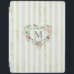 Protection iPad aquarelle rayures fleurie couronne monogramme<br><div class="desc">rayures d'aquarelle dans les tons pastel avec couronne de fleurs de printemps et monogramme serif facile à customiser</div>