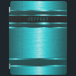 Protection iPad Aspect en aluminium brossé Turquoise et Métallique<br><div class="desc">Design métallique noir et turquoise en aluminium brossé look motif. monogramme personnalisé et optionnel. Le design est disponible sur d'autres produits et peut être demandé sur n'importe quel produit que nous offrons chez. Ce n'est pas un métal mais une image qui a l'air métallique.</div>