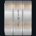 Protection iPad Bandes d'aluminium brossé gris conception géométri<br><div class="desc">Design métallique masculin moderne élégant. Image de texture d'aluminium brossé gris argenté avec accents masculins et monogramme personnalisable.</div>