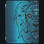 Protection iPad Black Lion Sugar Skull Metallic Blue Arrière - pla<br><div class="desc">Crâne à sucre floral de lion noir cool avec accent de parties scintillant bleue sur les tons bleus teintes métalliques arrière - plan brossé look acier. Ce n'est qu'une image et pas du métal ou de la parties scintillant. Si vous avez besoin d'aide pour customiser un de mes designs, contactez...</div>