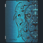 Protection iPad Black Lion Sugar Skull Metallic Blue Arrière - pla<br><div class="desc">Crâne à sucre floral de lion noir cool avec accent de parties scintillant bleue sur les tons bleus teintes métalliques arrière - plan brossé look acier. Ce n'est qu'une image et pas du métal ou de la parties scintillant. Si vous avez besoin d'aide pour customiser un de mes designs, contactez...</div>