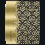 Protection iPad Châssis Damas & Métallis Noir, Or & Diamants 2<br><div class="desc">Elégant or noir et touche de diamants parties scintillant vintages damas floraux avec cadre métallique en acier inoxydable. monogramme personnalisable.</div>