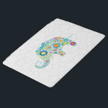Protection iPad Damas blanches d'éléphant floral rétro<br><div class="desc">Des fleurs rétro en forme d'éléphant sur des damas de cercles géométriques blancs.</div>