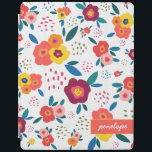 Protection iPad Floral Whimsical en Jaune et Corail Nom du script<br><div class="desc">Whimsical,  moderne et amusant ! Ce coque ipad personnalisé avec un superbe imprimé floral avec des fleurs et des feuilles en rose,  corail,  orange,  bleu et vert cris ressort joie. Merveilleux pour les mères,  les jardiniers,  les mariées,  les ados et plus. Une partie d'une collection de Parcel Studios.</div>