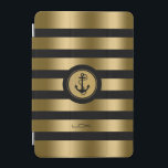Protection iPad Mini Ancre marine moderne Gold & Black Stripes<br><div class="desc">Elégant monogramed or métal rayures sur arrière - plan noir que vous pouvez changer. Cercle blanc et or pour illustration d'ancre nautique blanche. monogramme personnalisé. Si vous avez besoin d'aide pour customiser, changer de couleur ou autre chose à l'un de mes designs, contactez le concepteur ArtOnWear. Mise en forme de...</div>