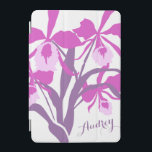 Protection iPad Mini Couvercle stylisée cattleya nom de l'art ipad<br><div class="desc">Belles fleurs graphiques florales rayonnantes orchidées dans les tons violets. Personnaliser avec votre propre nom lit actuellement Audrey. Image originale de Sarah Trett.</div>