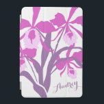 Protection iPad Mini Couvercle stylisée cattleya nom de l'art ipad<br><div class="desc">Belles fleurs graphiques florales rayonnantes orchidées dans les tons violets. Personnaliser avec votre propre nom lit actuellement Audrey. Image originale de Sarah Trett.</div>