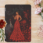Protection iPad Mini Femme en robe rouge<br><div class="desc">Jolie mini couverture iPad avec une Femme en Robe Rouge, partout où elle va coeur rouge et un flux rose. Trouvez cette couverture iPad parfaite, rouge, moderne, capricieuse pour votre être aimé, petite amie, femme, ou ami qui aime l'art et la couleur rouge. L'arrière - plan est un dégradé noir...</div>