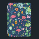 Protection iPad Mini Flamants roses roses et Motif coloré tropical<br><div class="desc">Fleurs tropicales colorées,  animaux,  flamants,  ananas,  cactus motif sans soudure avec bleu marine changeable couleur arrière - plan.</div>