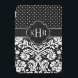 Protection iPad Mini Monogramme de Pois de Damas noir et blanc<br><div class="desc">Le design chic moderne et coque ipad est composé d'un mélange de pois préppants et d'élégants motifs vintages damassés personnalisés avec vos initiales monogrammes ou nom dans un cadre de quatrefoil. Cliquez sur Customiser pour changer la police et les couleurs du monogramme pour créer votre propre design unique d'un genre...</div>
