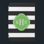Protection iPad Mini Monogramme noir et vert à grandes bandes<br><div class="desc">Le design coque ipad chic et moderne comprend un motif à rayures horizontales préppy nautique personnalisé avec vos initiales monogrammes ou nom dans un cadre de quatrefoil. Cliquez sur Customiser pour changer la police et les couleurs du monogramme pour créer votre propre design unique d'un genre unique!</div>
