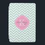 Protection iPad Mini Monogramme personnalisé à la menthe et au fromage<br><div class="desc">Coque ipad chic chic mignon dispose d'un motif chevron preppy zigzag personnalisé avec votre nom monogramme et initial dans un cadre de quatrefoil girly. Cliquez sur Customiser pour modifier les polices de texte et les couleurs pour créer votre propre design unique.</div>