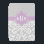 Protection iPad Mini Monogramme Pois gris et violet<br><div class="desc">Le design chic moderne et coque ipad est composé d'un mélange de pois préppants et d'élégants motifs vintages damassés personnalisés avec vos initiales monogrammes ou nom dans un cadre de quatrefoil. Cliquez sur Customiser pour changer la police et les couleurs du monogramme pour créer votre propre design unique d'un genre...</div>