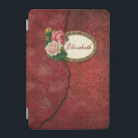 Protection iPad Mini Vintage Torn Red Damask et Roses Personnalisé<br><div class="desc">Couches de damas rouges vieilli avec bord déchiré,  cadre de filigree doré et roses vintages. Note : Sculpté,  gravé,  gaufré et les effets dimensionnels,  l'aspect stratifié,  vieilli ou érodé,  les textures et les ombres réalisées numériquement. Le produit réel a une surface plane.</div>