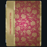 Protection iPad Or et Bourgogne Rouge Floral Damas<br><div class="desc">Élégant monogramme or et damas floral rouge bordeaux aux accents or métallique.</div>