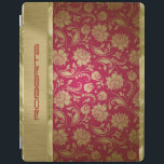 Protection iPad Or et Bourgogne Rouge Floral Damas<br><div class="desc">Élégant monogramme or et damas floral rouge bordeaux aux accents or métallique.</div>