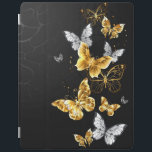 Protection iPad Papillons blancs et dorés<br><div class="desc">Or,  bijoux et papillons blancs sur arrière - plan noir. Papillon doré.</div>