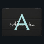 Protection iPad Pro Cover Aqua Teal Blue Script Girly Monogram<br><div class="desc">Noir et Aqua Turquoise Bleu Simple Script Monogramme Nom Coque ordinateur portable. Cela rend le cadeau parfait pour 16 ans,  mariage,  douche nuptiale,  anniversaire,  baby shower ou bachelorette pour quelqu'un qui aime le luxe glam et les styles chic.</div>