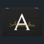 Protection iPad Pro Cover Black Gold Modern Script Girl Monogramme Nom<br><div class="desc">Noir et or Simple Script Monogramme Nom Coque d'ordinateur portable. Cela rend le cadeau parfait pour 16 ans,  mariage,  douche nuptiale,  anniversaire,  baby shower ou bachelorette pour quelqu'un qui aime le luxe glam et les styles chic.</div>
