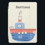 Protection iPad Pro Cover Cute Tug Bateau rouge bleu Illustration Nom Person<br><div class="desc">Cette jolie couverture iPad personnalisée présente une illustration fantaisiste d'un remorqueur en rouge et bleu. Personnalisez-le avec votre nom. Super idée cadeau.</div>