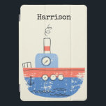 Protection iPad Pro Cover Cute Tug Bateau rouge bleu Illustration Nom Person<br><div class="desc">Cette jolie couverture iPad personnalisée présente une illustration fantaisiste d'un remorqueur en rouge et bleu. Personnalisez-le avec votre nom. Super idée cadeau.</div>