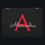 Protection iPad Pro Cover Nom du monogramme rouge noir de la fille<br><div class="desc">Noir et Rouge Simple Script Monogramme Nom Coque d'ordinateur portable. Cela rend le cadeau parfait pour 16 ans,  mariage,  douche nuptiale,  anniversaire,  baby shower ou bachelorette pour quelqu'un qui aime le luxe glam et les styles chic.</div>