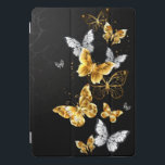 Protection iPad Pro Cover Papillons blancs et dorés<br><div class="desc">Or,  bijoux et papillons blancs sur arrière - plan noir. Papillon doré.</div>